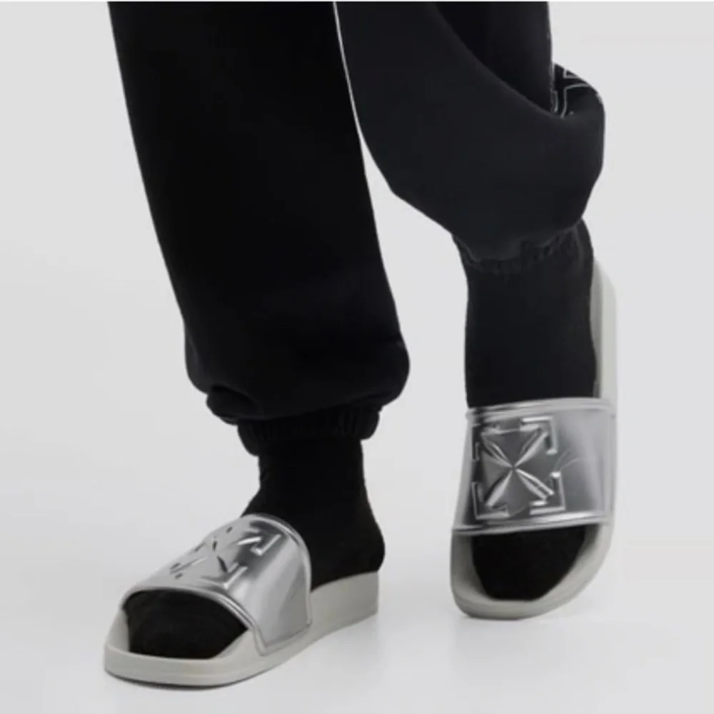 Off-White Mens Arrow Slides Mirror Silver Slip-On Sandal Shoes Size EU 43/US 10